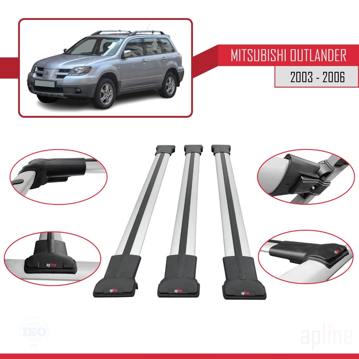 Compatible with Mitsubishi Outlander 2003-2006 FLY Model Car Roof Rack Cross Bar Grey Aluminium 3 Bars