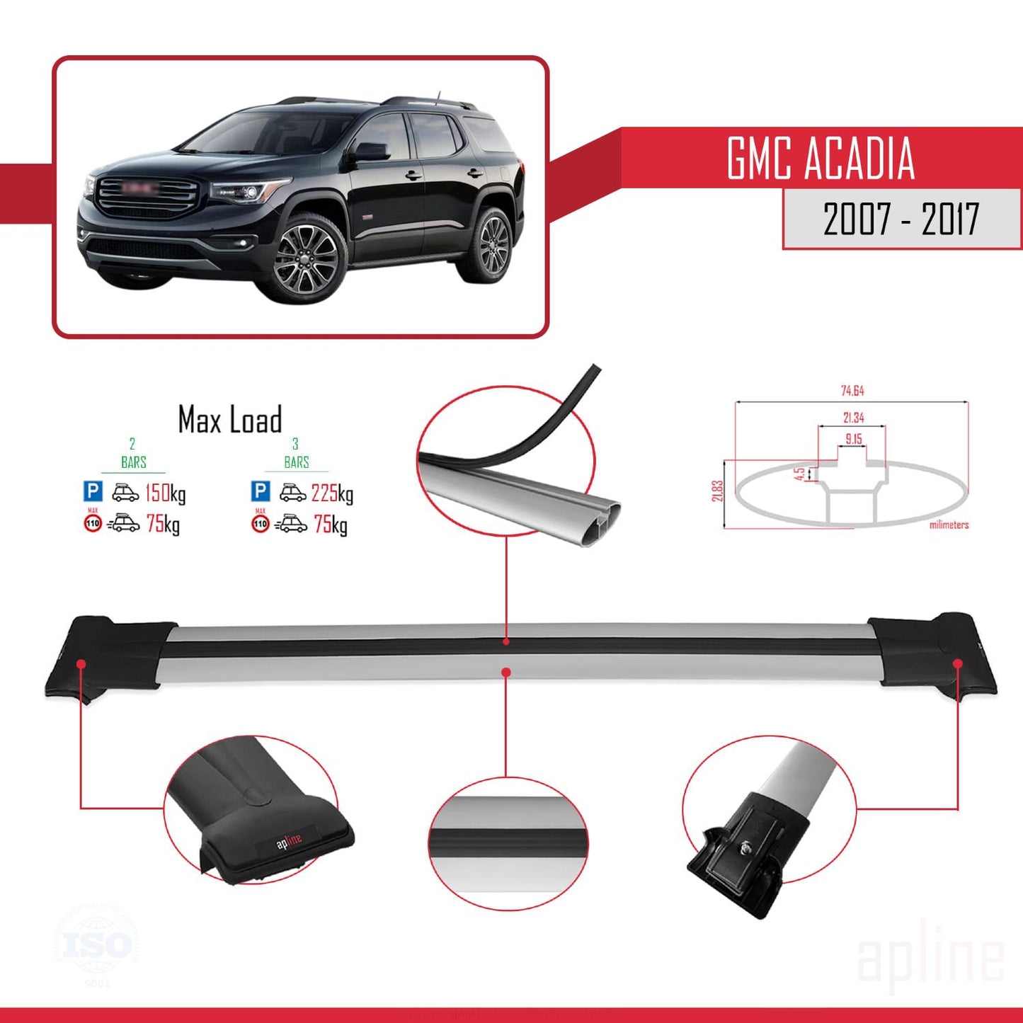 Compatible avec GMC Acadia 2007-2017 FLY Model Barres de Toit Railing Porte-Bagages de Voiture Gris Aluminium 2 Barres