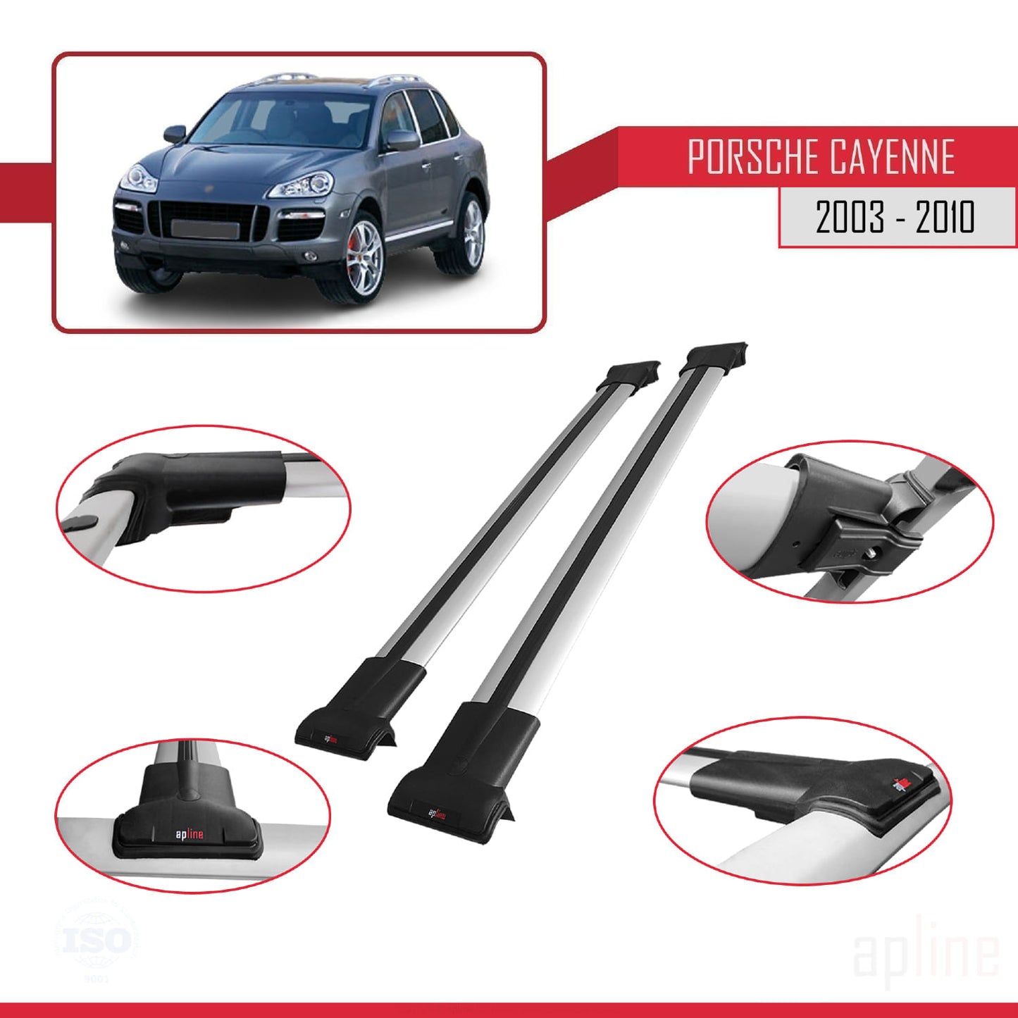Compatible avec Porsche Cayenne (9PA) 2003-2010 FLY Model Barres de Toit Railing Porte-Bagages de Voiture Gris Aluminium 2 Barres