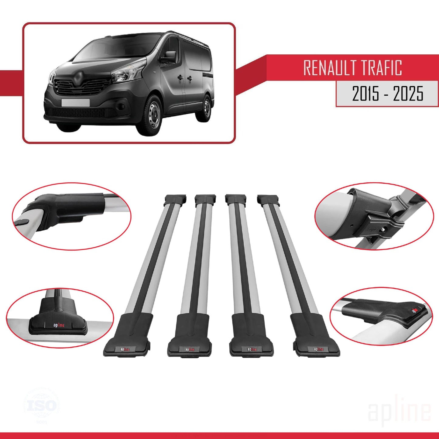 Compatible avec Renault Trafic 3 (X82) 2015-2025 FLY Model Barres de Toit Railing Porte-Bagages de Voiture Gris Aluminium 4 Barres