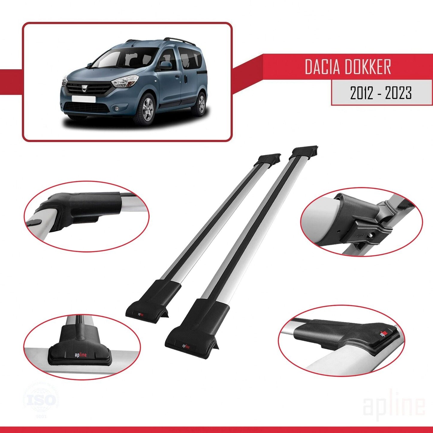 Compatible avec Dacia Dokker 2012-2023 Barres de Toit FLY Modèle Railing Porte-Bagages de voiture GRIS