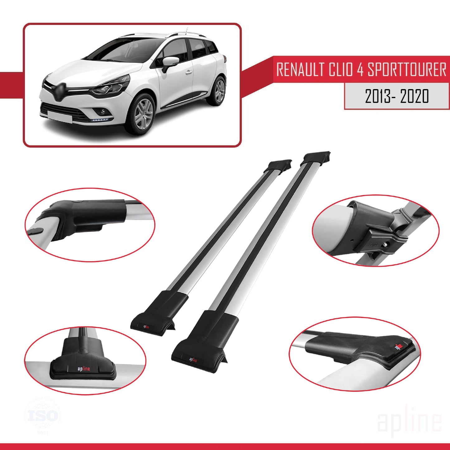 Compatible avec Renault Clio 4 ST 2013-2020 FLY Model Barres de Toit Railing Porte-Bagages de Voiture Gris Aluminium 2 Barres