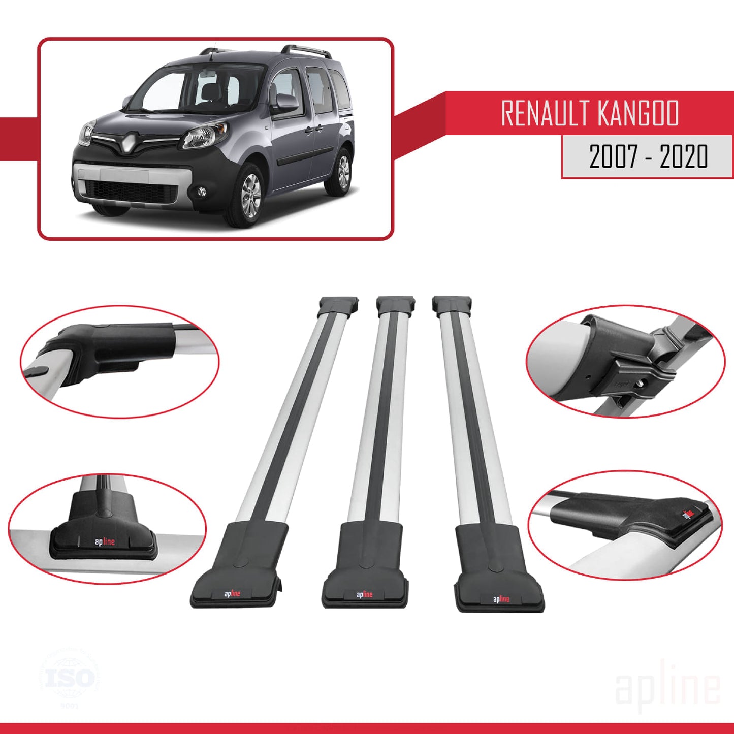 Compatible avec Renault Kangoo 2 (X61) 2007-2020 FLY Model Barres de Toit Railing Porte-Bagages de Voiture Gris Aluminium 3 Barres