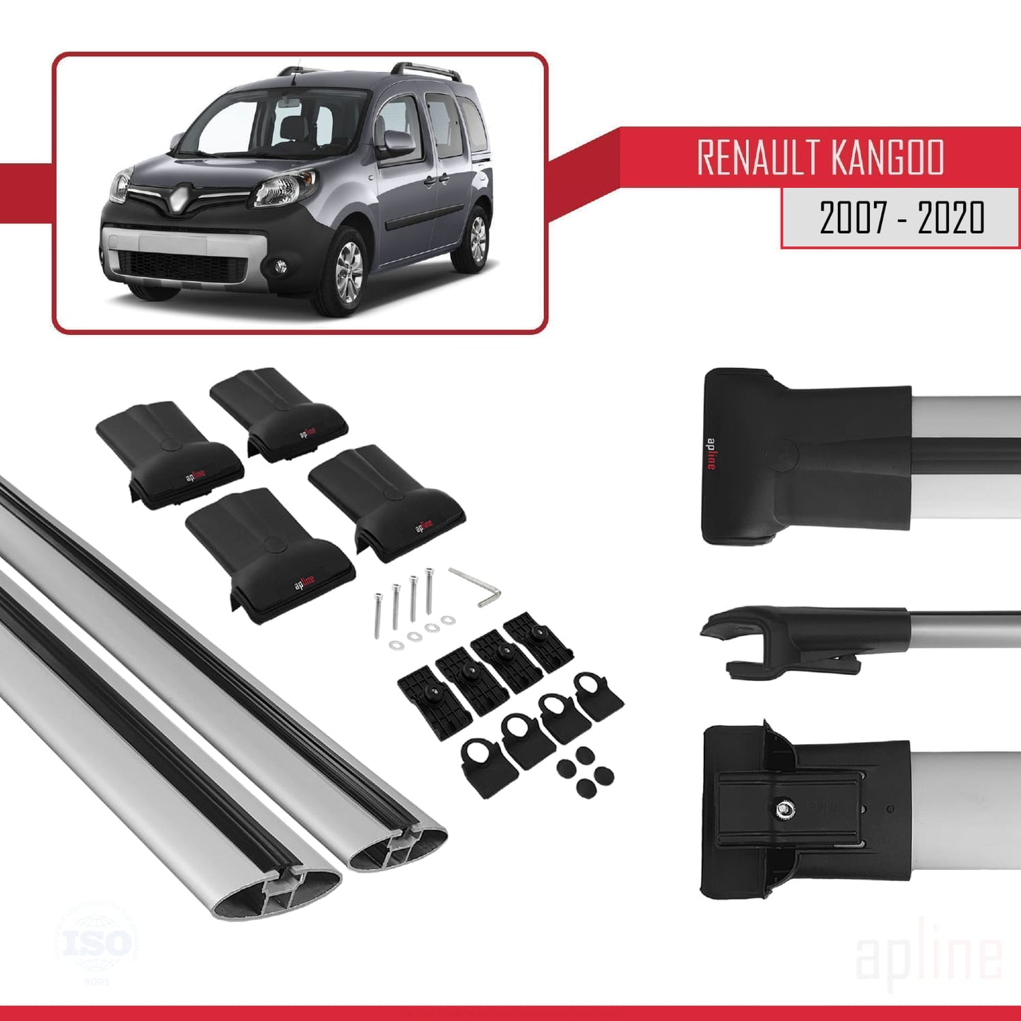 Compatible avec Renault Kangoo 2 (X61) 2007-2020 FLY Model Barres de Toit Railing Porte-Bagages de Voiture Gris Aluminium 2 Barres