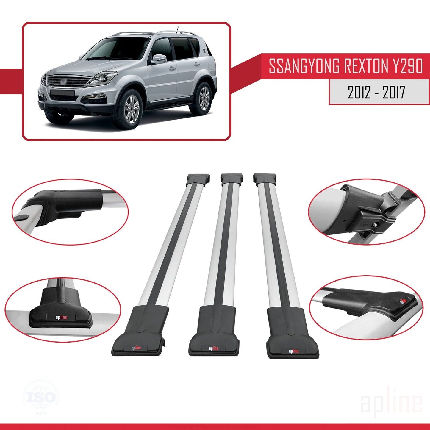 Compatible avec Ssangyong Rexton (Y290) 2012-2017 FLY Model Barres de Toit Railing Porte-Bagages de Voiture Gris Aluminium 3 Barres