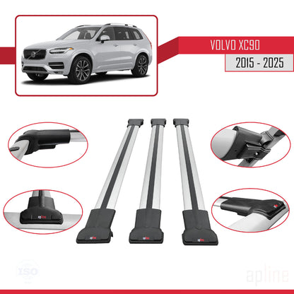 Compatible avec Volvo XC90 II 2015-2025 FLY Model Barres de Toit Railing Porte-Bagages de Voiture Gris Aluminium 3 Barres
