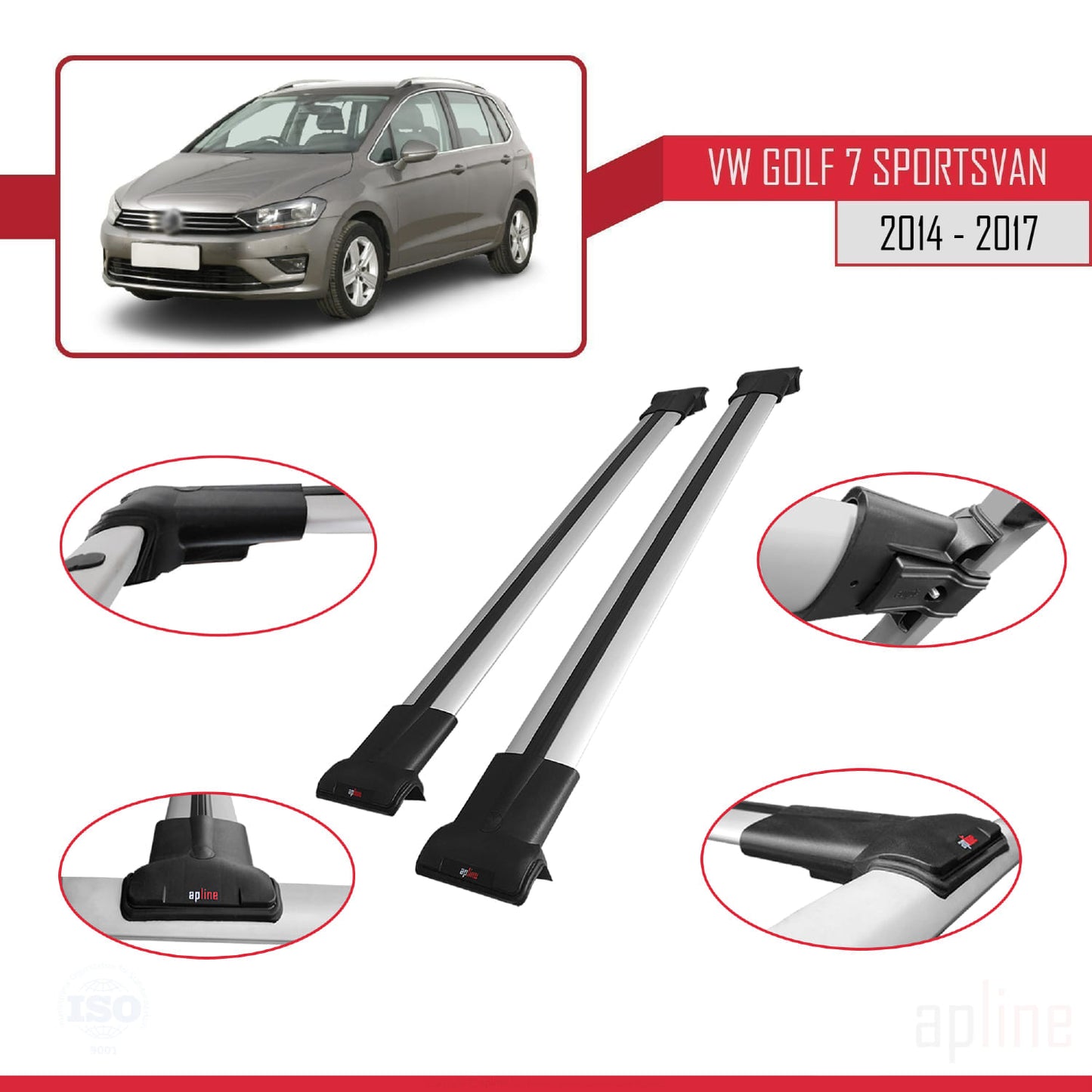 Compatible avec Volkswagen Golf Sportvan 2014-2017 FLY Model Barres de Toit Railing Porte-Bagages de Voiture Gris Aluminium 2 Barres
