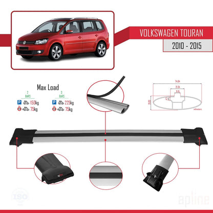 Compatible avec Volkswagen Touran (1T) Post-Facelift 2010-2015 FLY Model Barres de Toit Railing Porte-Bagages de Voiture Gris Aluminium 2 Barres