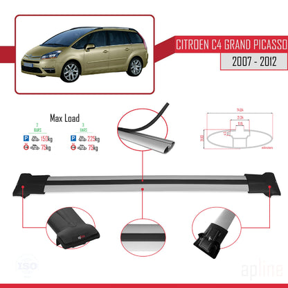 Compatible avec Citroen Grand C4 Picasso 2007-2012 FLY Model Barres de Toit Railing Porte-Bagages de Voiture Gris Aluminium 2 Barres