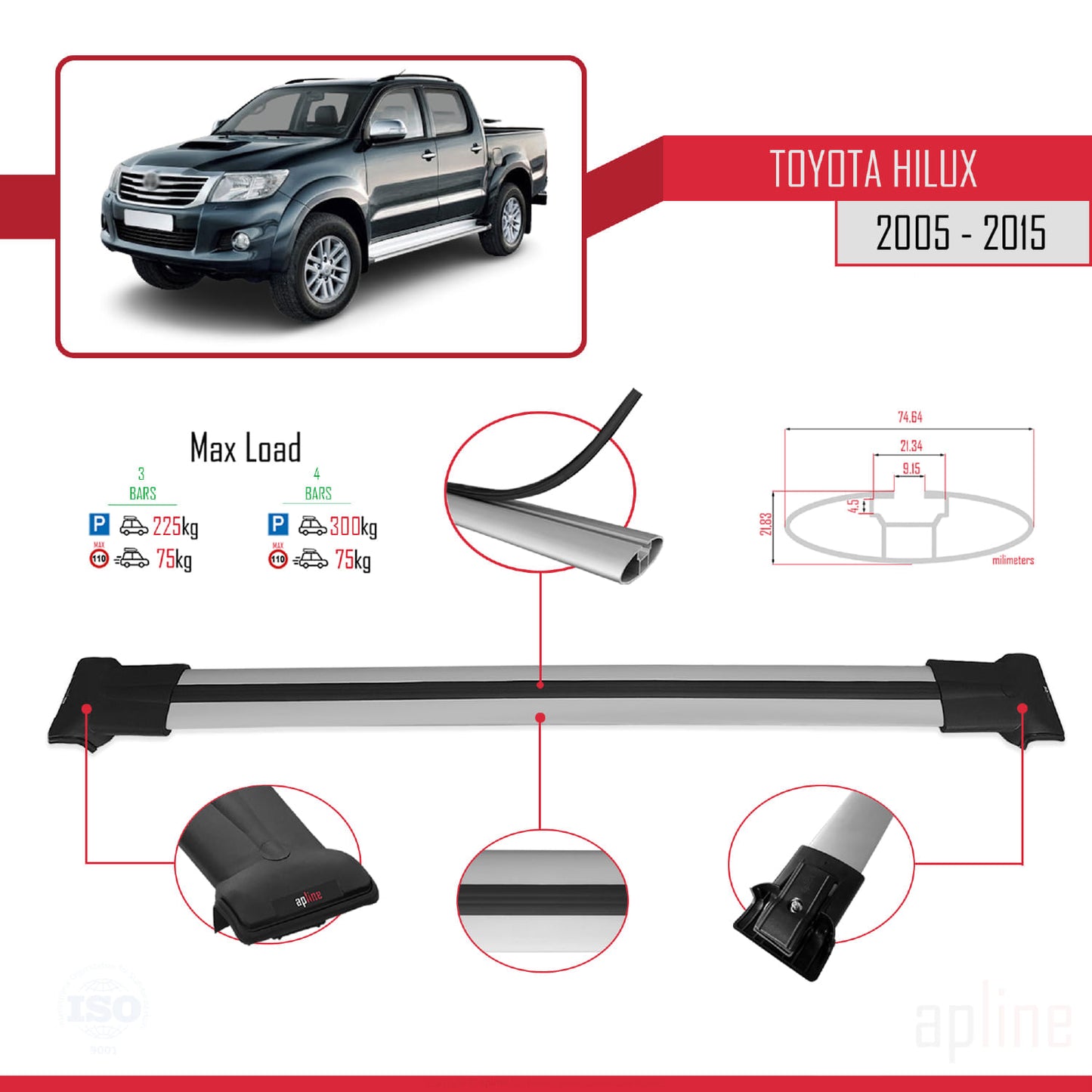 Compatible avec Toyota Hilux 7 (AN30) 2005-2015 FLY Model Barres de Toit Railing Porte-Bagages de Voiture Gris Aluminium 3 Barres