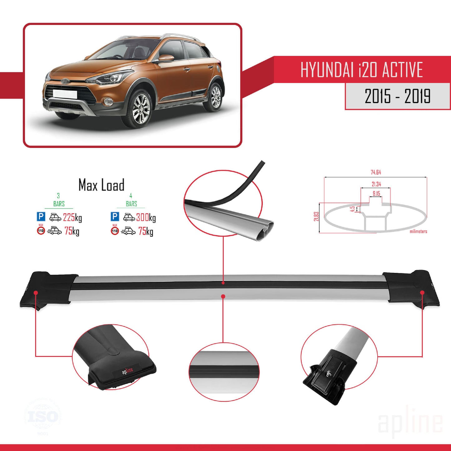 Compatible avec Hyundai i20 II Active 2015-2019 FLY Model Barres de Toit Railing Porte-Bagages de Voiture Gris Aluminium 3 Barres