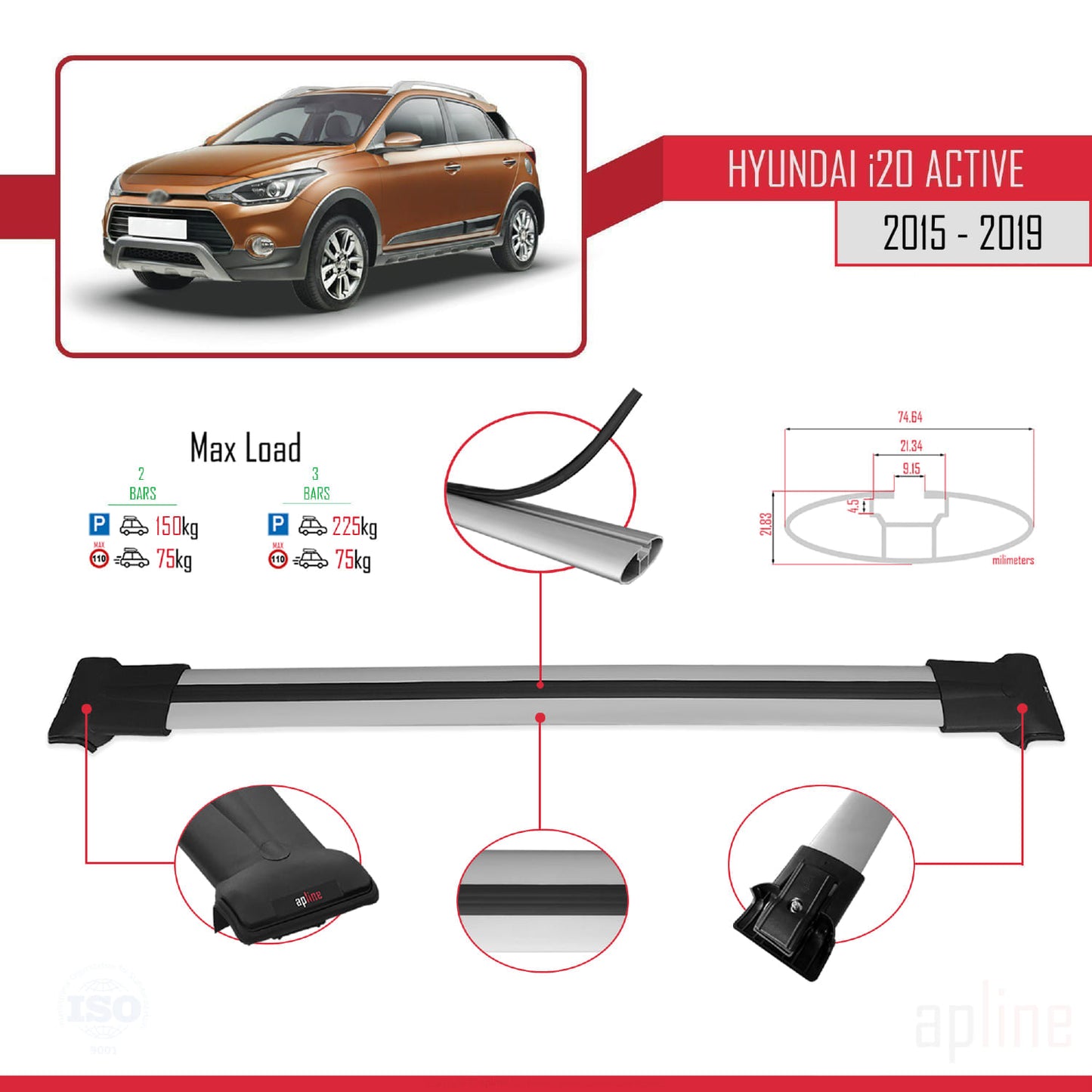 Compatible avec Hyundai i20 II Active 2015-2019 FLY Model Barres de Toit Railing Porte-Bagages de Voiture Gris Aluminium 2 Barres