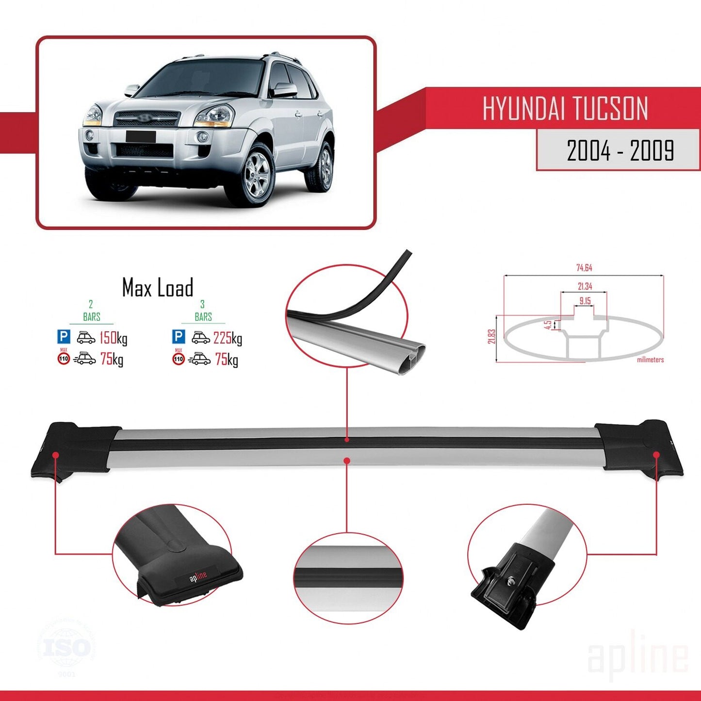 Compatible with Hyundai Tucson (JM) 2004-2009 FLY Model Car Roof Rack Cross Bar Grey Aluminium 2 Bars