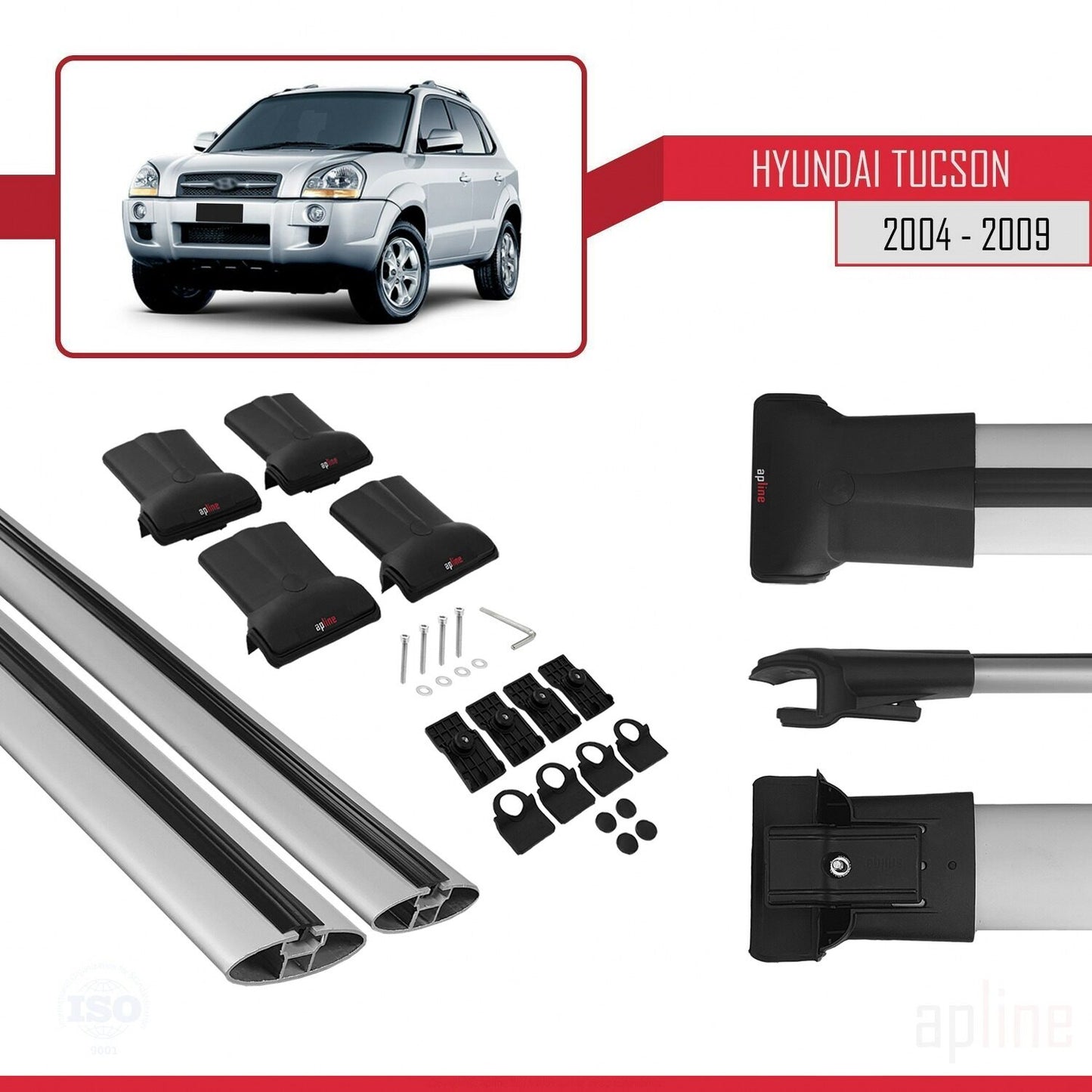Compatible with Hyundai Tucson (JM) 2004-2009 FLY Model Car Roof Rack Cross Bar Grey Aluminium 2 Bars