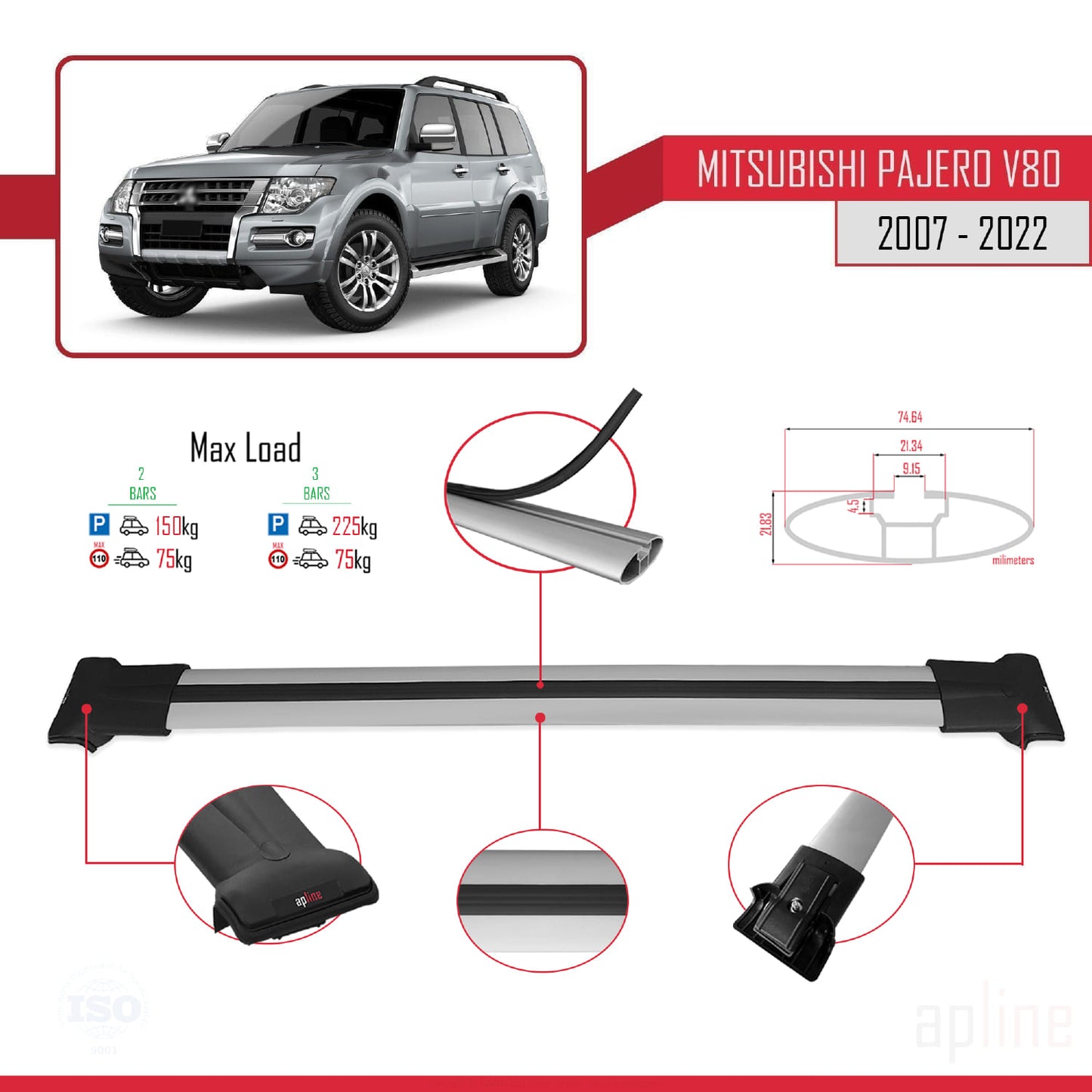 Compatible with Mitsubishi Pajero (V80) 2007-2022 FLY Model Car Roof Rack Cross Bar Grey Aluminium 2 Bars