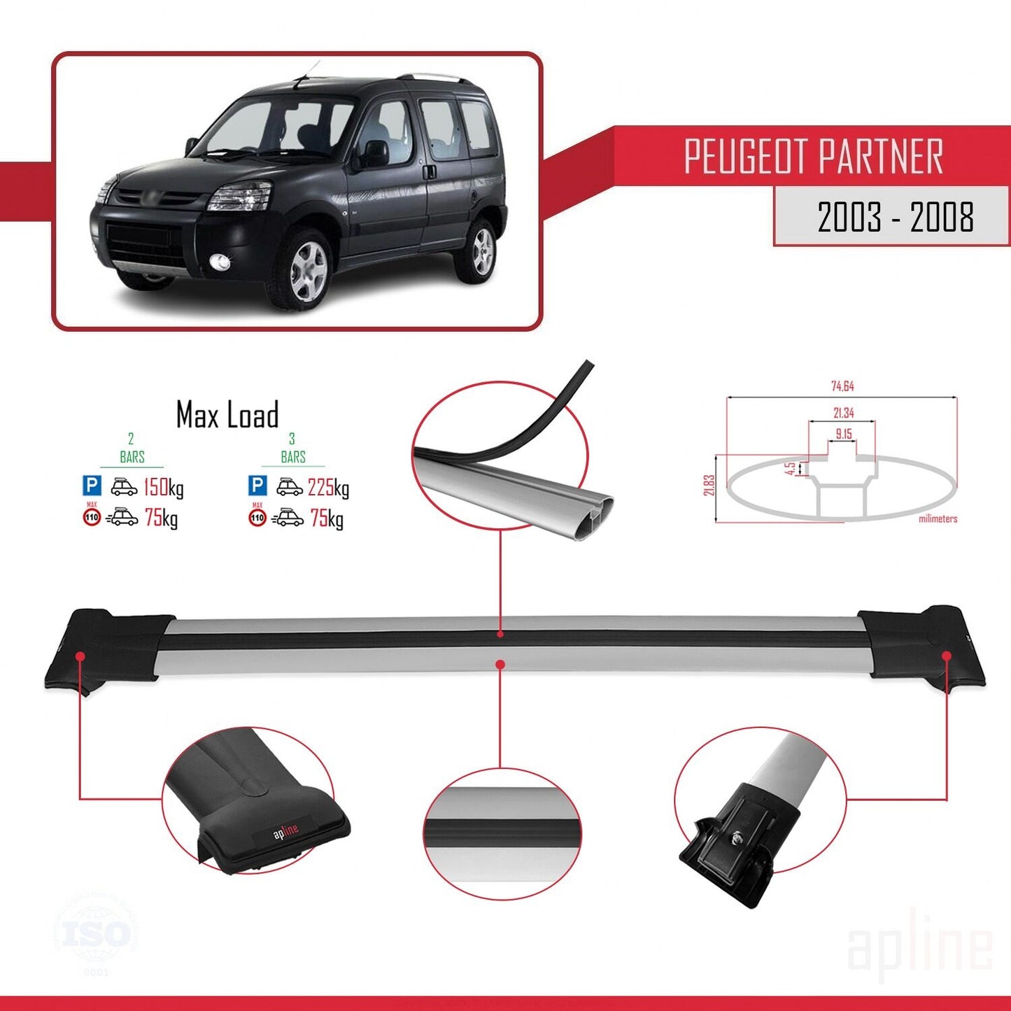 Compatible avec Peugeot Partner Post-Facelift 2003-2008 FLY Model Barres de Toit Railing Porte-Bagages de Voiture Gris Aluminium 2 Barres