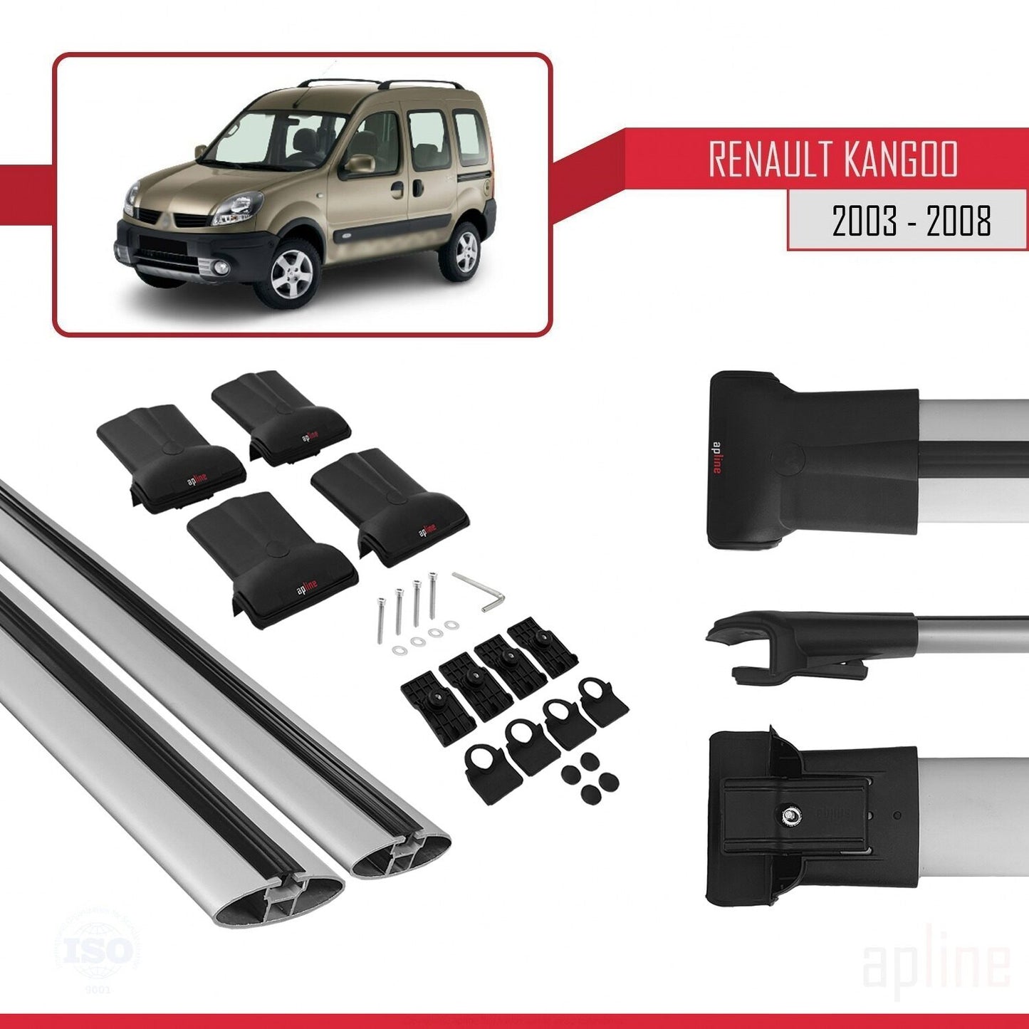Compatible avec Renault Kangoo (X76) Post-Facelift 2003-2008 FLY Model Barres de Toit Railing Porte-Bagages de Voiture Gris Aluminium 2 Barres