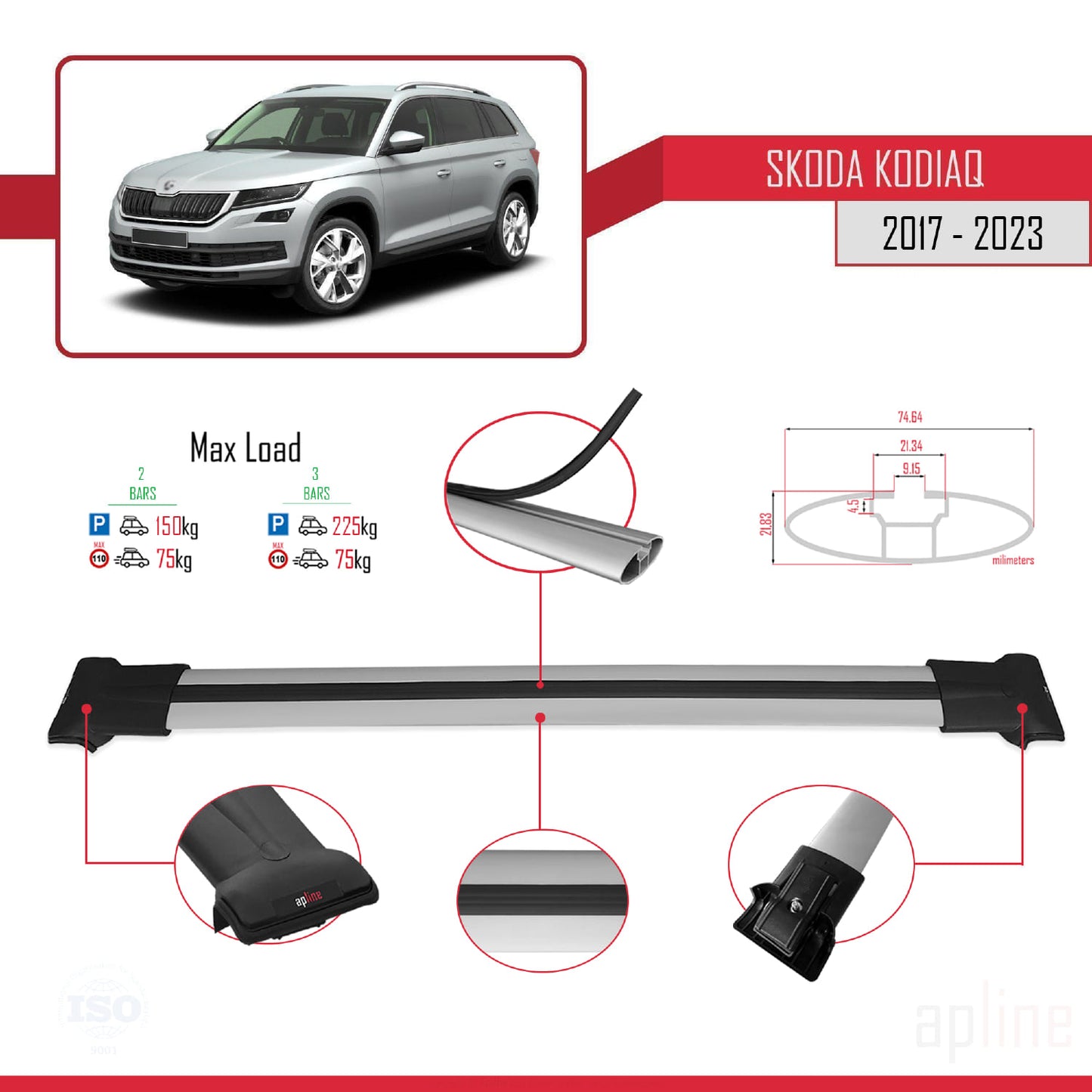 Compatible avec Skoda Kodiaq 2017-2023 FLY Model Barres de Toit Railing Porte-Bagages de Voiture Gris Aluminium 2 Barres