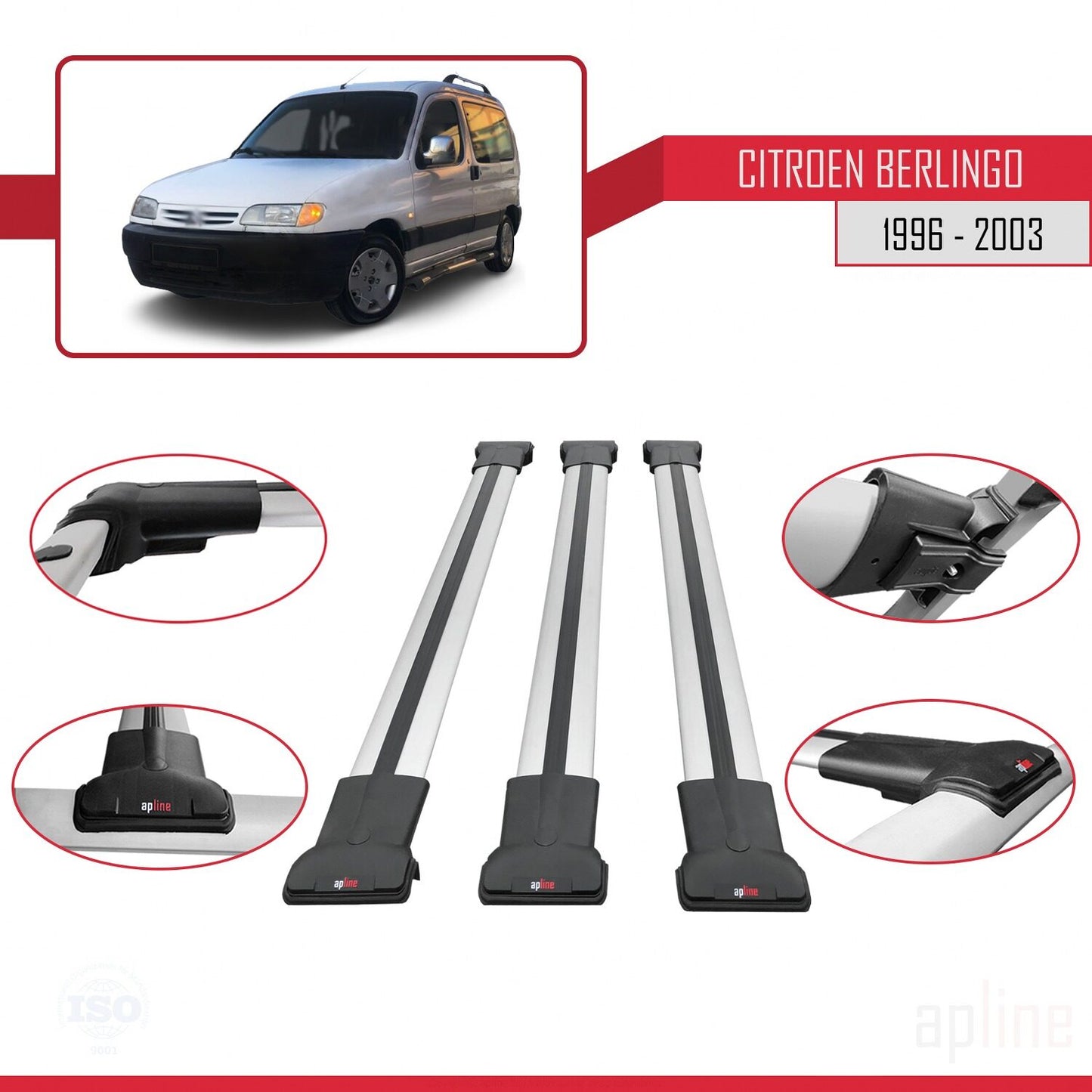 Compatible avec Citroen Berlingo (M49) 1996-2003 FLY Model Barres de Toit Railing Porte-Bagages de Voiture Gris Aluminium 3 Barres