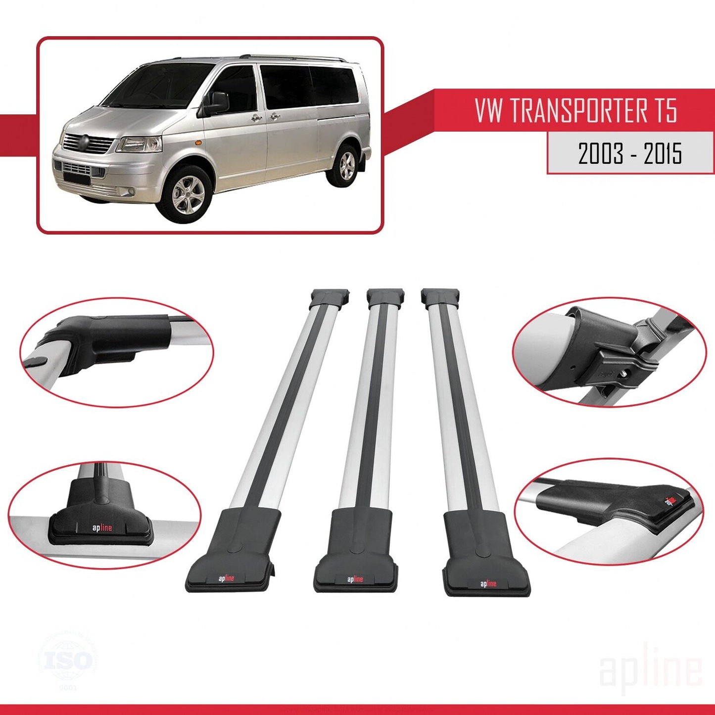Compatible avec Volkswagen T5 Transporter 2003-2015 FLY Model Barres de Toit Railing Porte-Bagages de Voiture Gris Aluminium 3 Barres