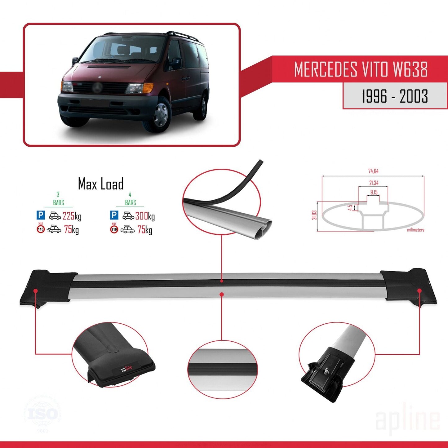 Compatible avec Mercedes Vito (W638) 1996-2003 FLY Model Barres de Toit Railing Porte-Bagages de Voiture Gris Aluminium 3 Barres