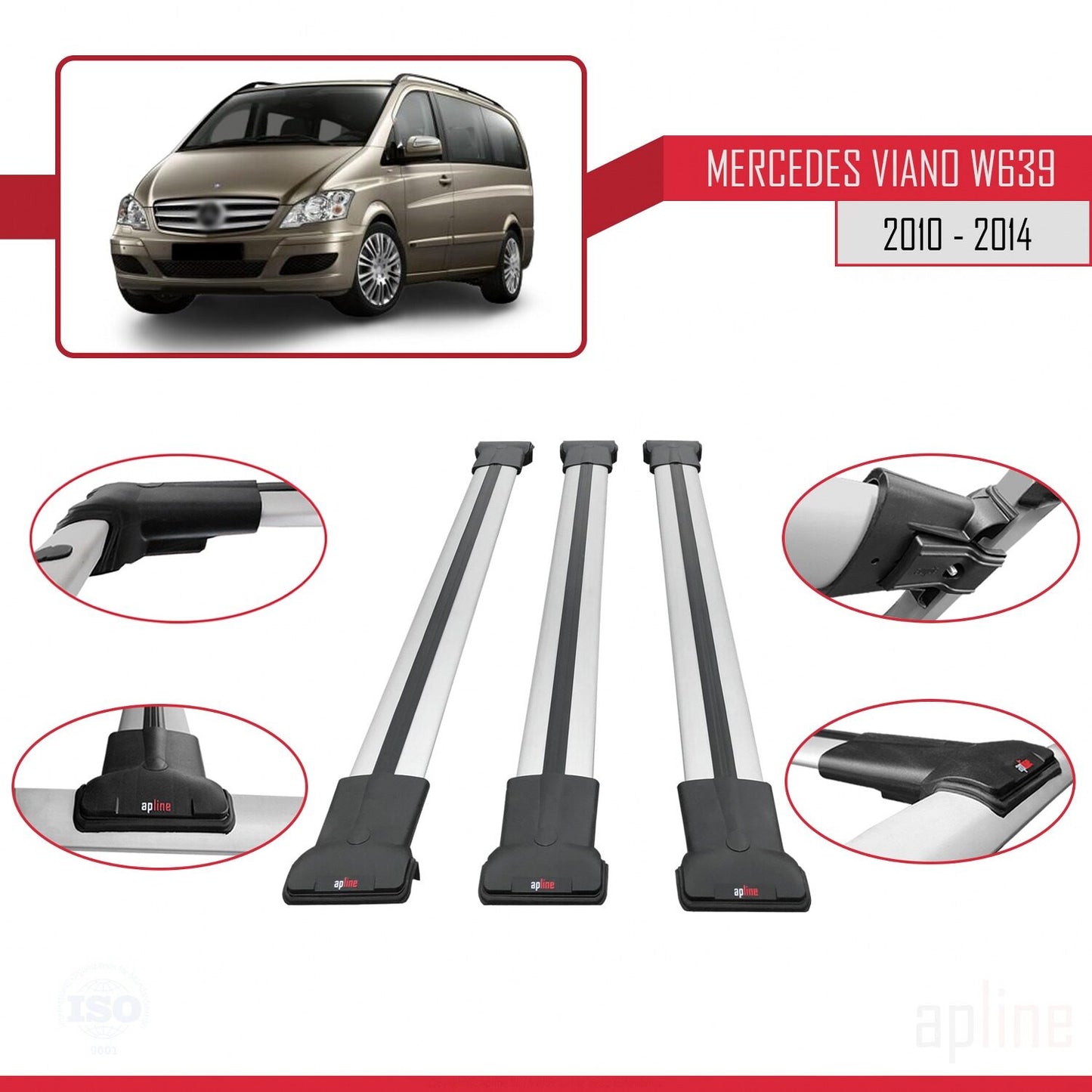 Compatible avec Mercedes Viano 2 (W639) Post-Facelift 2010-2014 FLY Model Barres de Toit Railing Porte-Bagages de Voiture Gris Aluminium 3 Barres