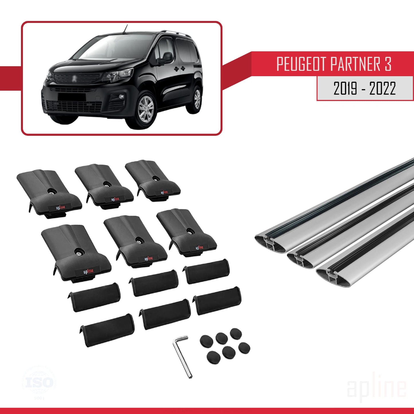 Compatible avec Peugeot Partner 3 2019-2022 FLY Model Barres de Toit Railing Porte-Bagages de Voiture Gris Aluminium 3 Barres