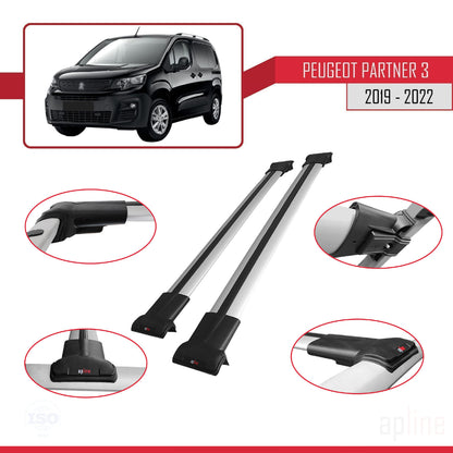 Compatible avec Peugeot Partner 3 2019-2022 FLY Model Barres de Toit Railing Porte-Bagages de Voiture Gris Aluminium 2 Barres