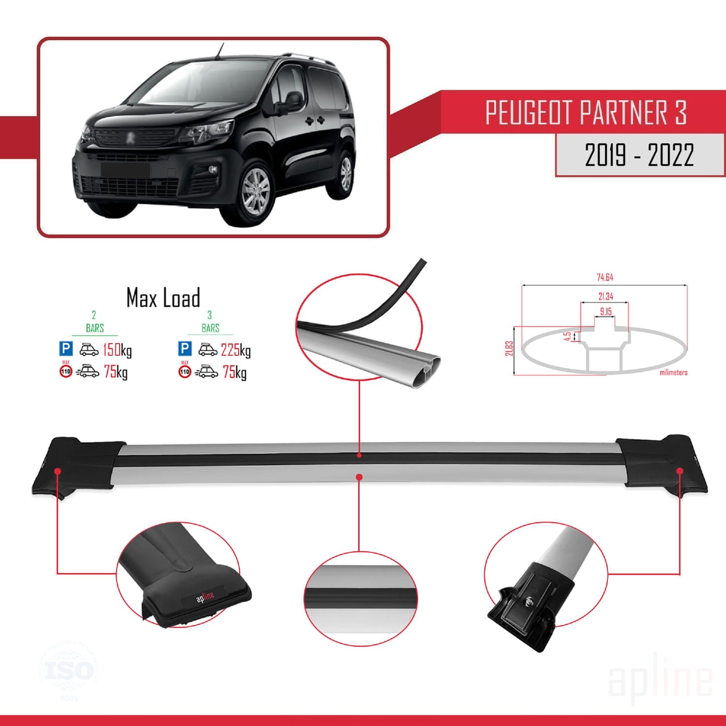 Compatible avec Peugeot Partner 3 2019-2022 FLY Model Barres de Toit Railing Porte-Bagages de Voiture Gris Aluminium 2 Barres