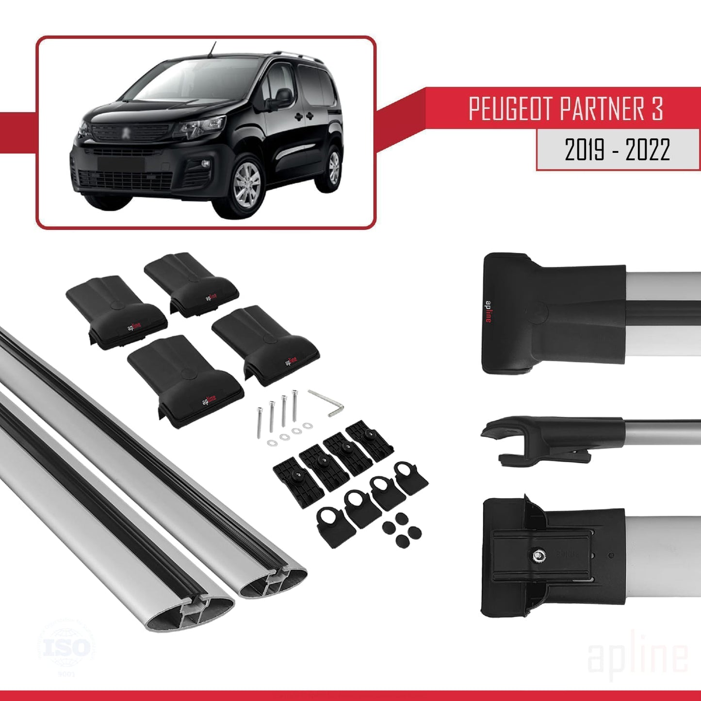 Compatible avec Peugeot Partner 3 2019-2022 FLY Model Barres de Toit Railing Porte-Bagages de Voiture Gris Aluminium 2 Barres