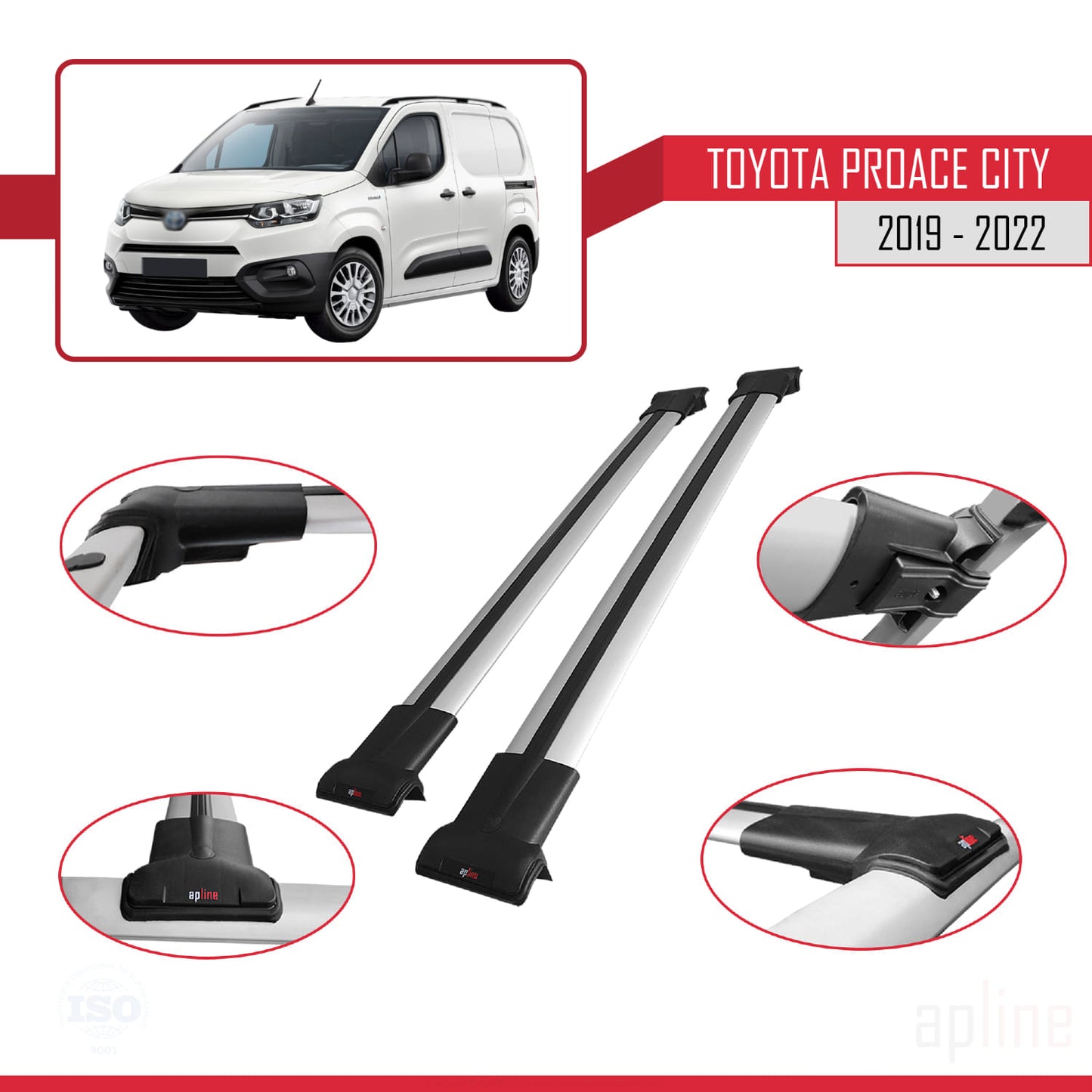 Compatible avec Toyota Proace City 2019-2022 FLY Model Barres de Toit Railing Porte-Bagages de Voiture Gris Aluminium 2 Barres