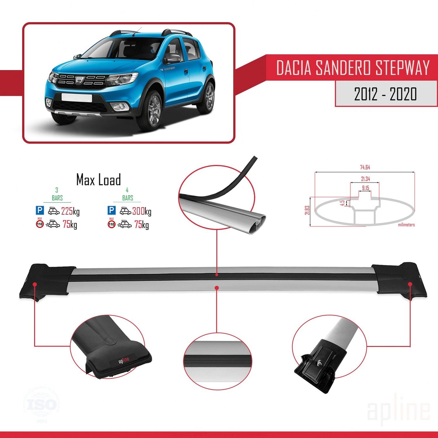 Compatible with Dacia Sandero Stepway 2 2012-2020 FLY Model Car Roof Rack Cross Bar Grey Aluminium 3 Bars