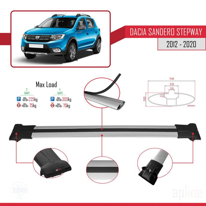 Compatible with Dacia Sandero Stepway 2 2012-2020 FLY Model Car Roof Rack Cross Bar Grey Aluminium 3 Bars