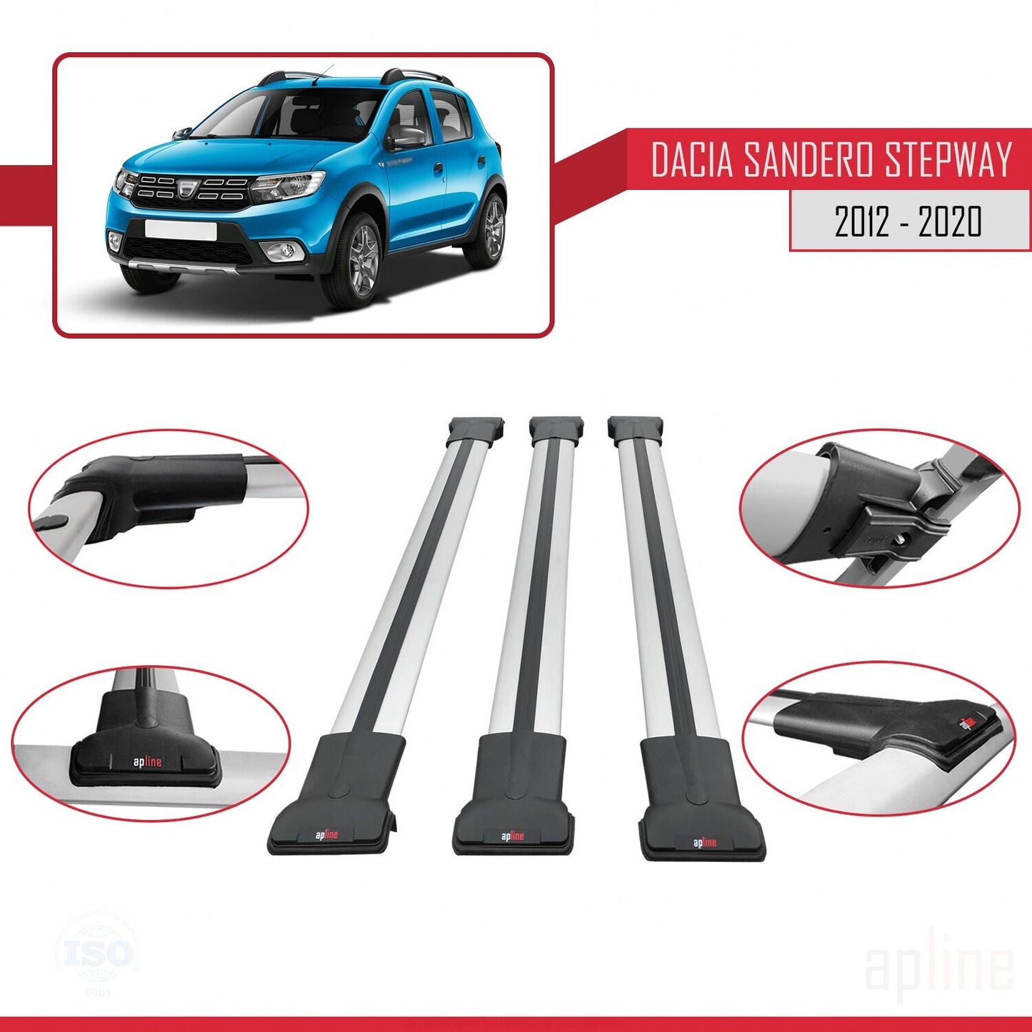 Compatible with Dacia Sandero Stepway 2 2012-2020 FLY Model Car Roof Rack Cross Bar Grey Aluminium 3 Bars