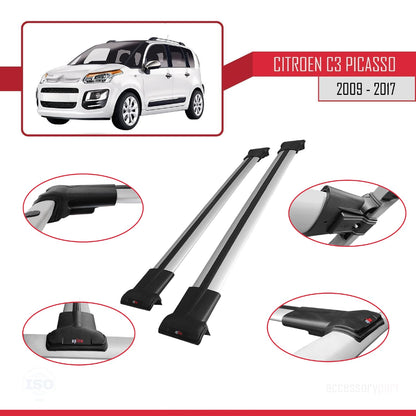 Compatible avec Citroen C3 Picasso 2009-2017 FLY Model Barres de Toit Railing Porte-Bagages de Voiture Gris Aluminium 2 Barres