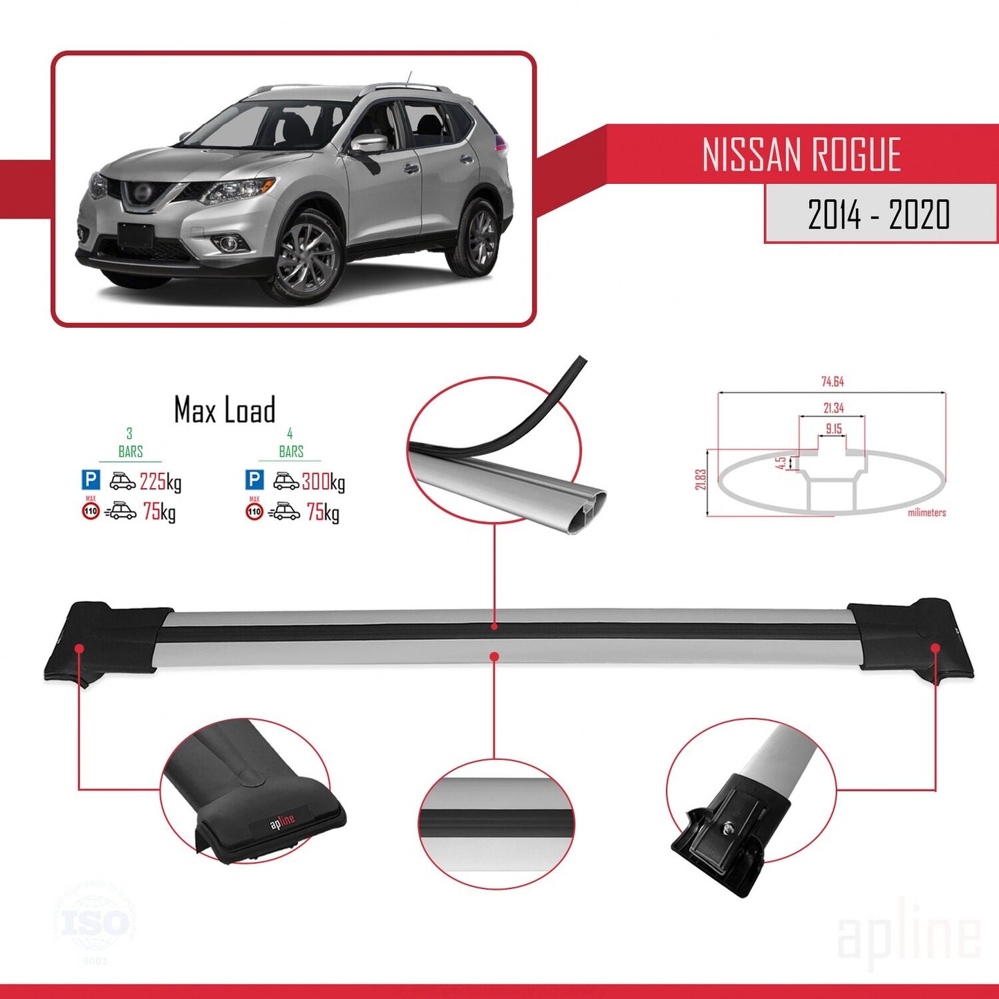 Compatible with Nissan Rogue 2 (T32) 2014-2020 FLY Model Car Roof Rack Cross Bar Grey Aluminium 3 Bars