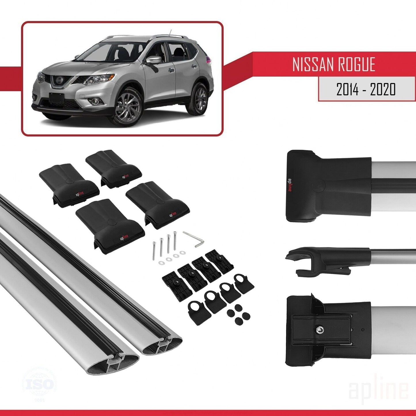 Compatible with Nissan Rogue 2 (T32) 2014-2020 FLY Model Car Roof Rack Cross Bar Grey Aluminium 2 Bars