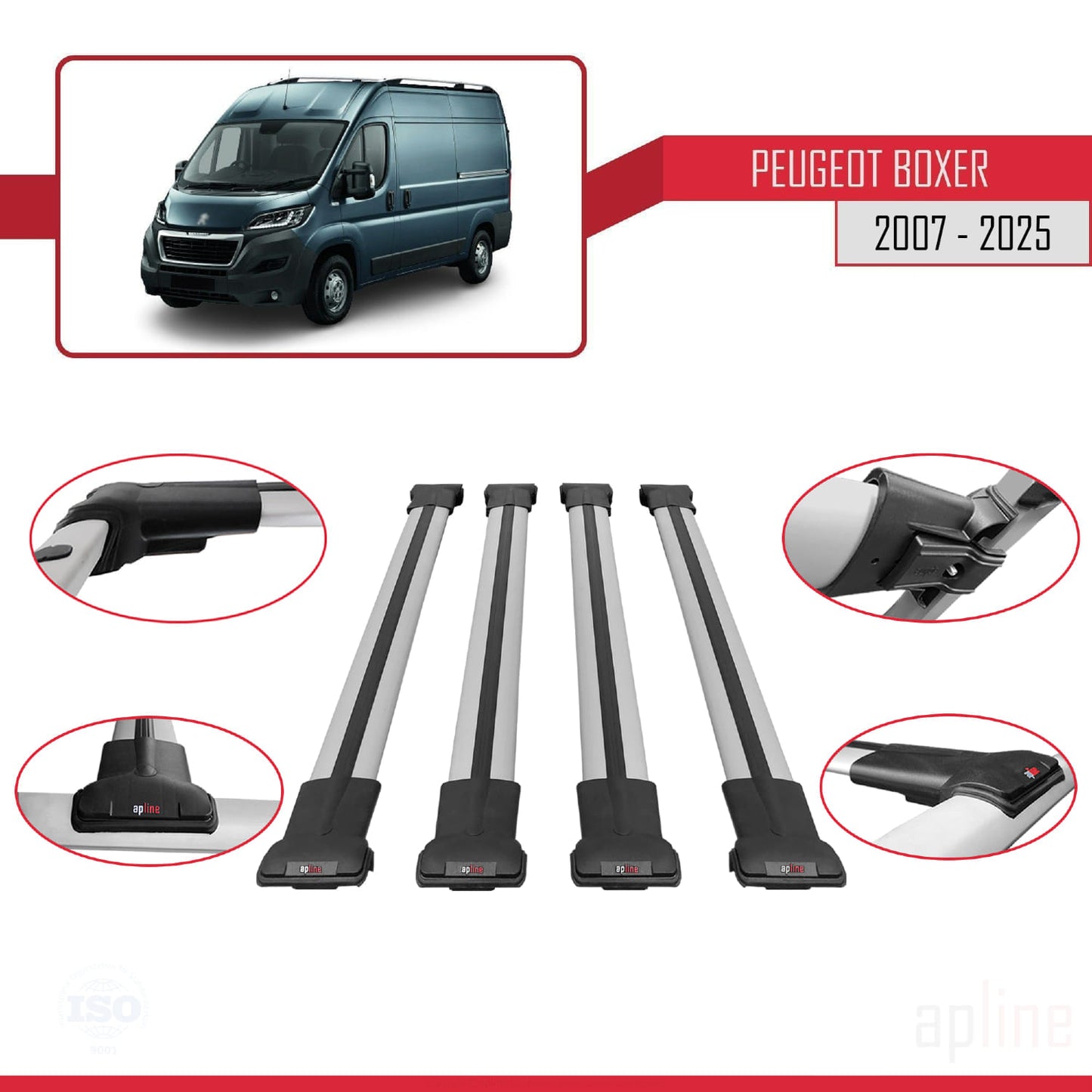 Compatible avec Peugeot Boxer 2 2007-2025 FLY Model Barres de Toit Railing Porte-Bagages de Voiture Gris Aluminium 4 Barres