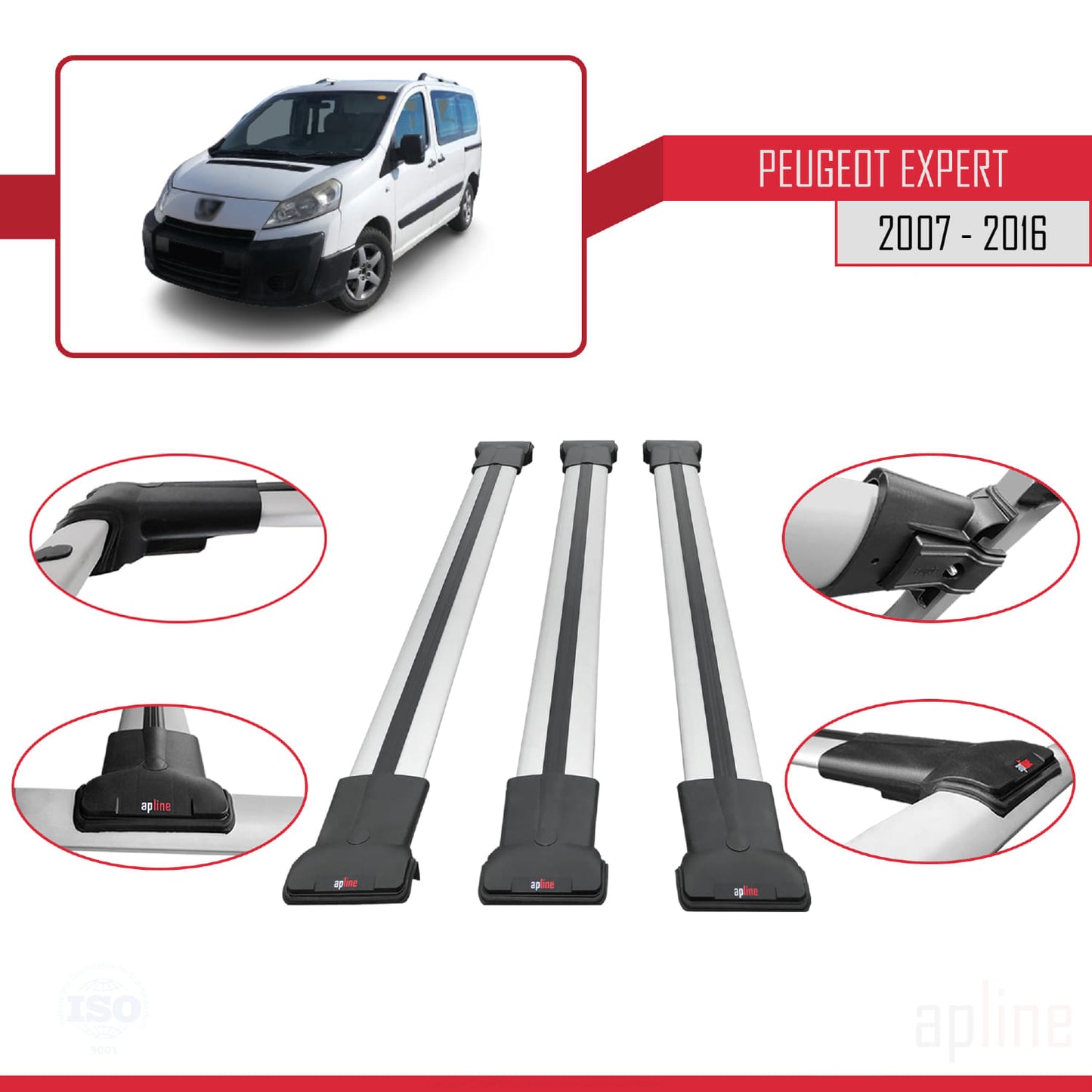 Compatible with Peugeot Expert 2 2007-2016 FLY Model Car Roof Rack Cross Bar Grey Aluminium 3 Bars