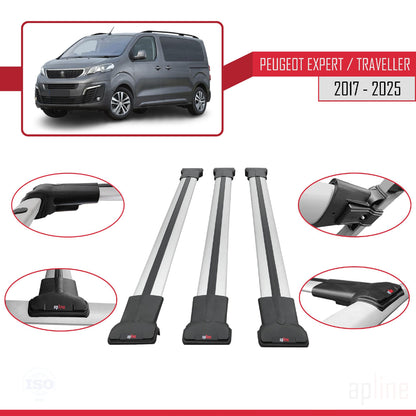 Compatible with Peugeot Expert 3 Traveller 2017-2025 FLY Model Car Roof Rack Cross Bar Grey Aluminium 3 Bars