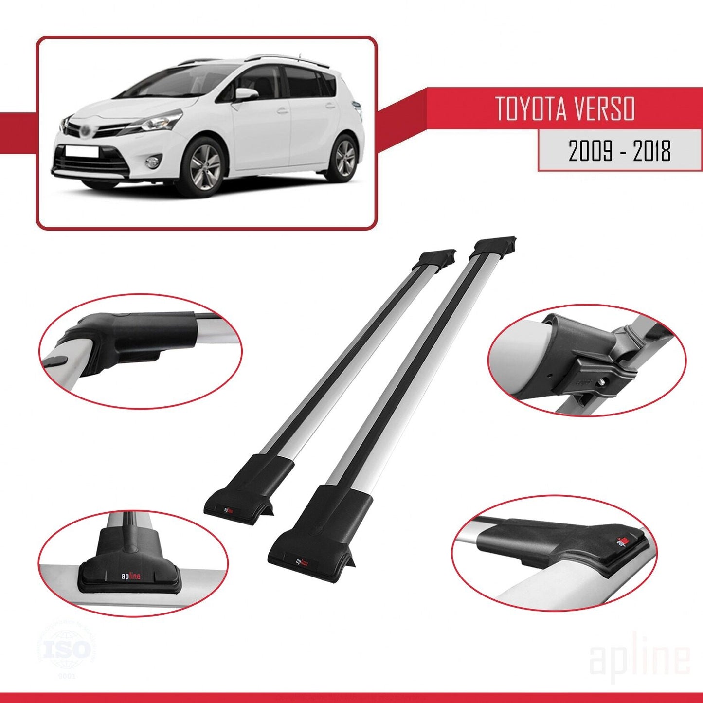 Compatible avec Toyota Verso (AR20) 2009-2018 FLY Model Barres de Toit Railing Porte-Bagages de Voiture Gris Aluminium 2 Barres