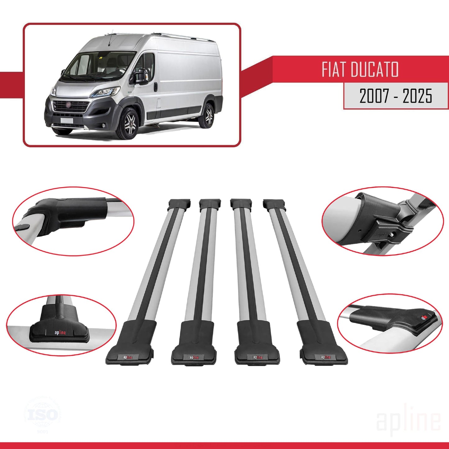 Compatible avec Fiat Ducato 3 2007-2025 FLY Model Barres de Toit Railing Porte-Bagages de Voiture Gris Aluminium 4 Barres