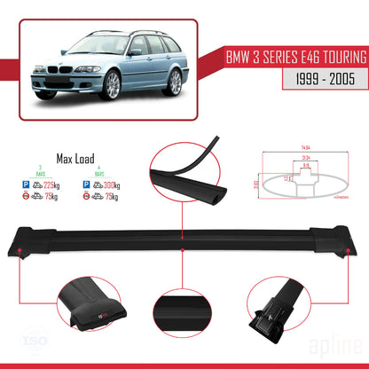 Compatible avec BMW Série 3 (E46) Touring 1999-2005 FLY Model Barres de Toit Railing Porte-Bagages de Voiture Noir Aluminium 3 Barres