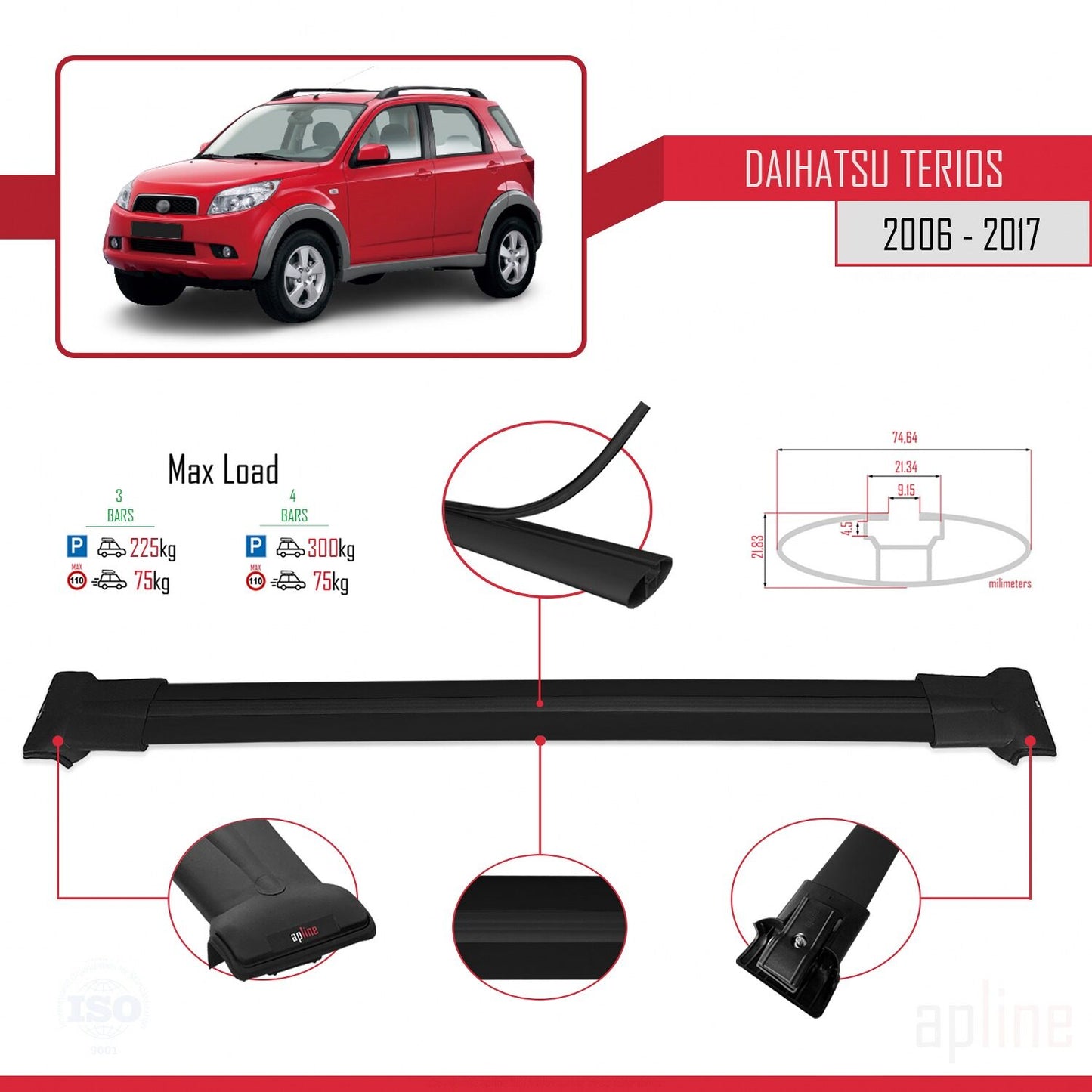 Compatible avec Daihatsu Terios 2 (J200) 2006-2017 FLY Model Barres de Toit Railing Porte-Bagages de Voiture Noir Aluminium 3 Barres