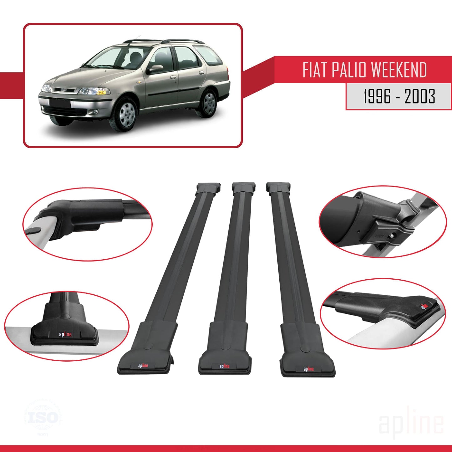 Compatible avec Fiat Palio (178) Weekend 1996-2003 FLY Model Barres de Toit Railing Porte-Bagages de Voiture Noir Aluminium 3 Barres