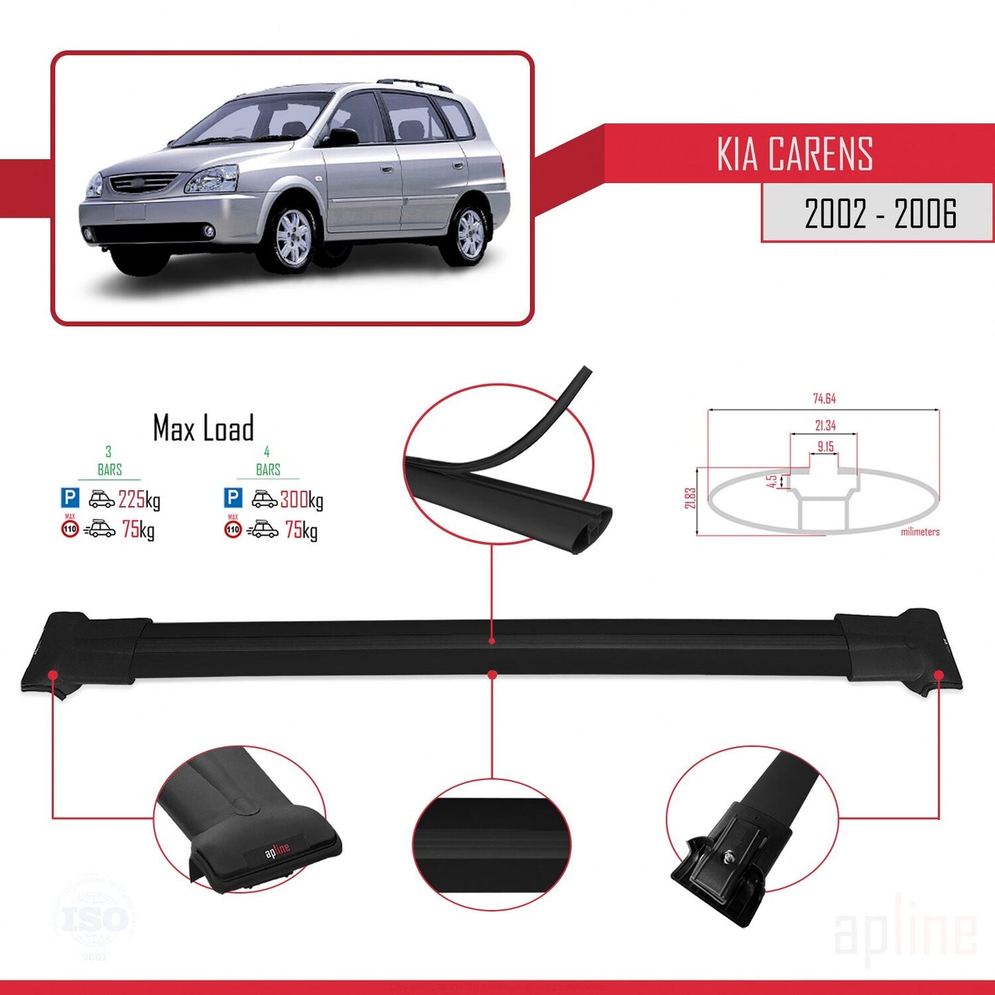 Compatible avec Kia Carens Post-Facelift 2002-2006 FLY Model Barres de Toit Railing Porte-Bagages de Voiture Noir Aluminium 3 Barres