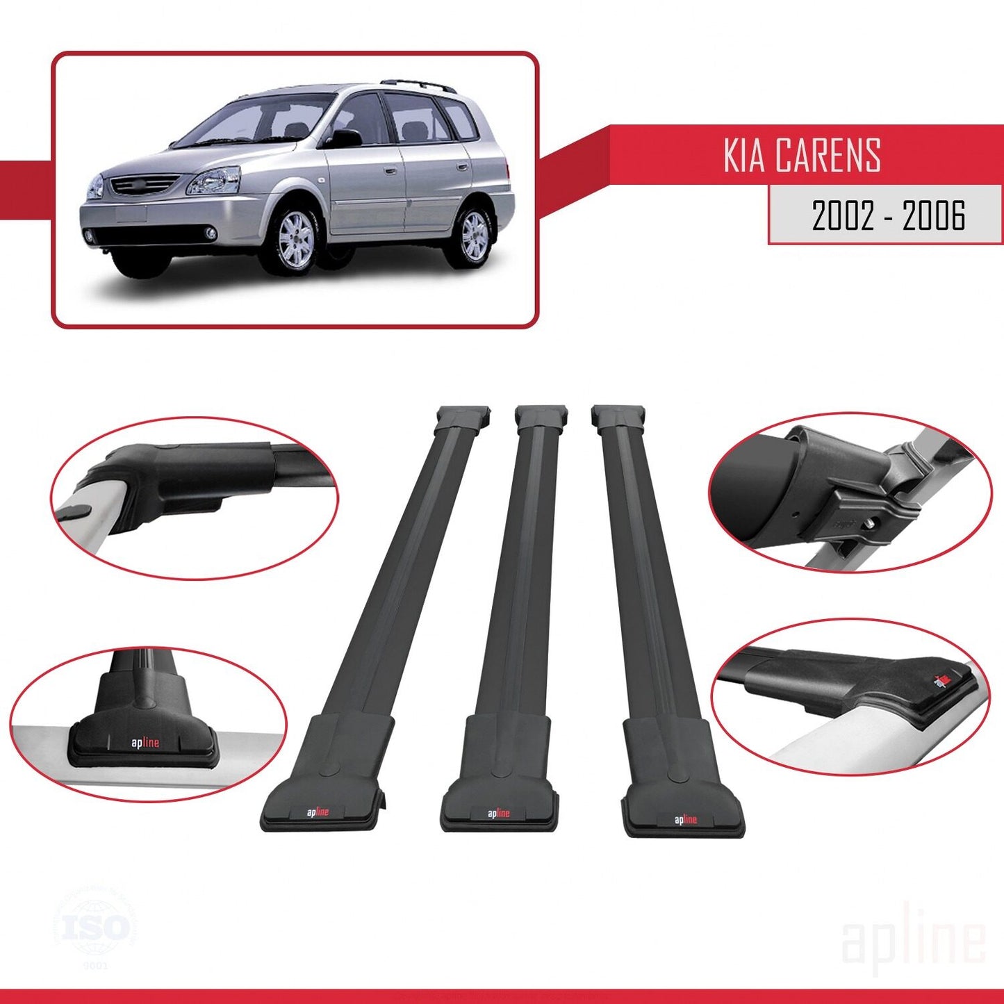 Compatible avec Kia Carens Post-Facelift 2002-2006 FLY Model Barres de Toit Railing Porte-Bagages de Voiture Noir Aluminium 3 Barres