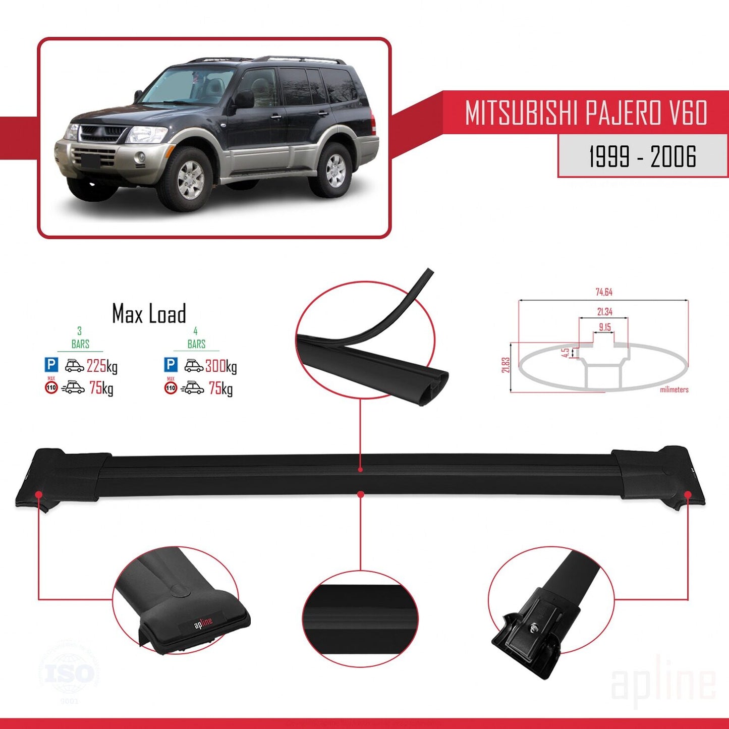 Compatible with Mitsubishi Pajero (V60) 5 Kapı 1999-2006 FLY Model Car Roof Rack Cross Bar Black Aluminium 3 Bars