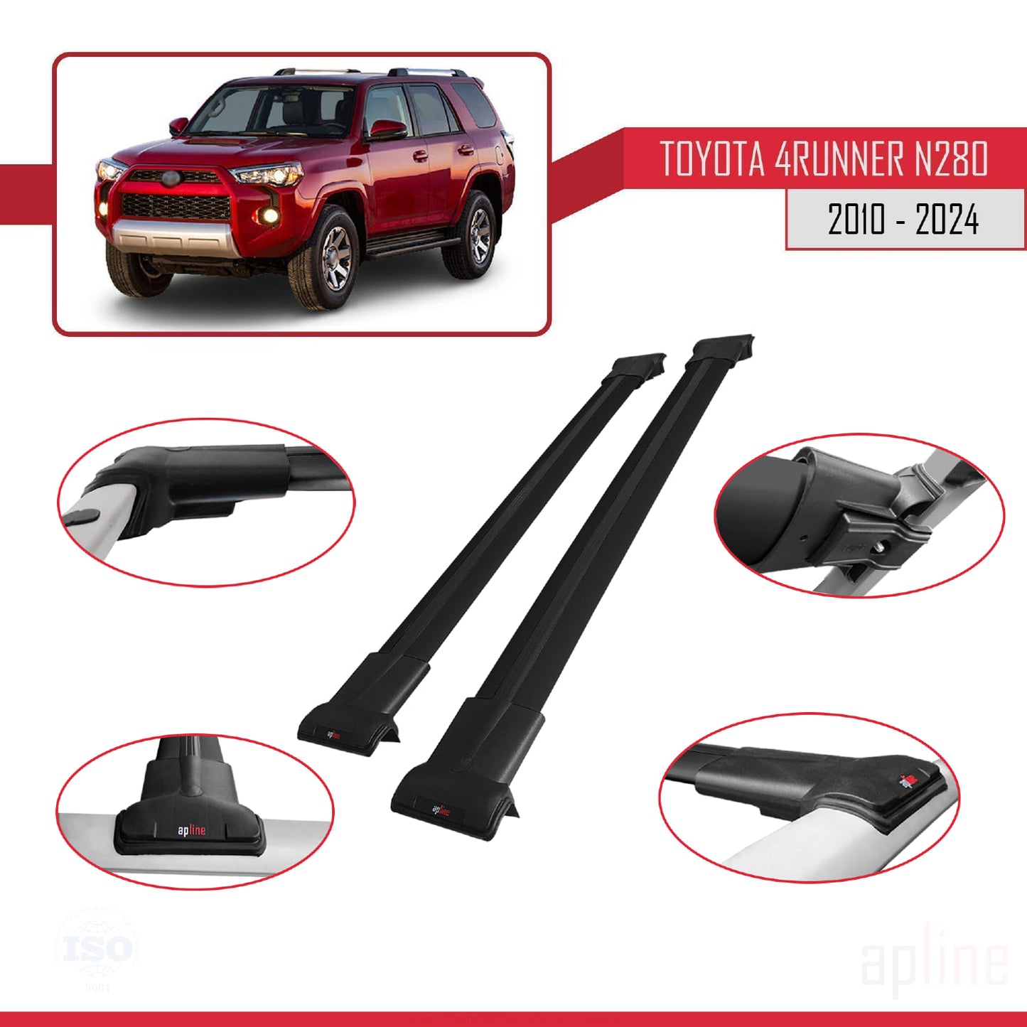 Compatible avec Toyota 4Runner (N280) 2010-2024 FLY Model Barres de Toit Railing Porte-Bagages de Voiture Noir Aluminium 2 Barres
