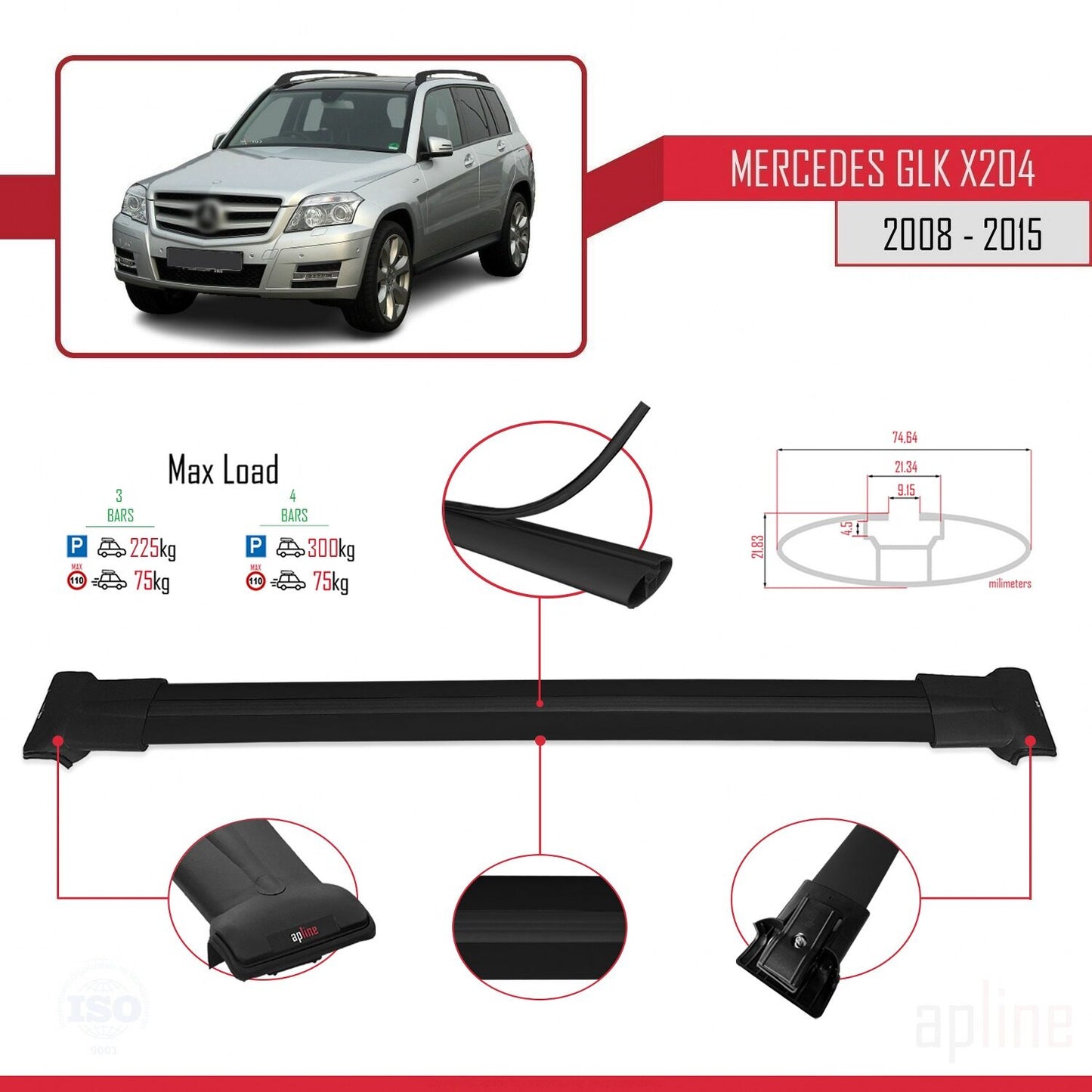 Compatible avec Mercedes Classe GLK (X204) 2008-2015 FLY Model Barres de Toit Railing Porte-Bagages de Voiture Noir Aluminium 3 Barres
